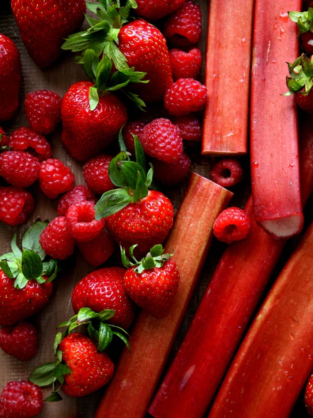 Strawberries, rhubarb, and raspberries