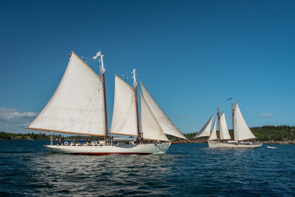 Schooners Ladona and American Eagle on the way to the annual Gam raft up. 