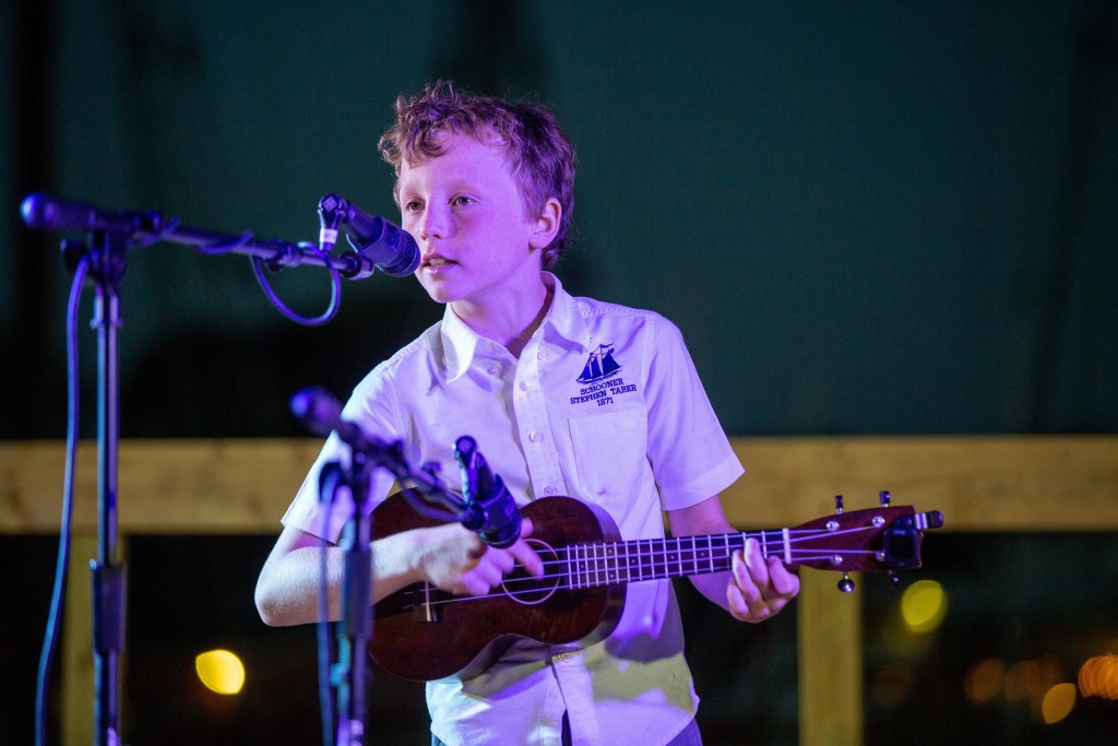 Oscar Barnes playing ukulele during the Schooner Talent Show at Camden Windjammer Festival 2019